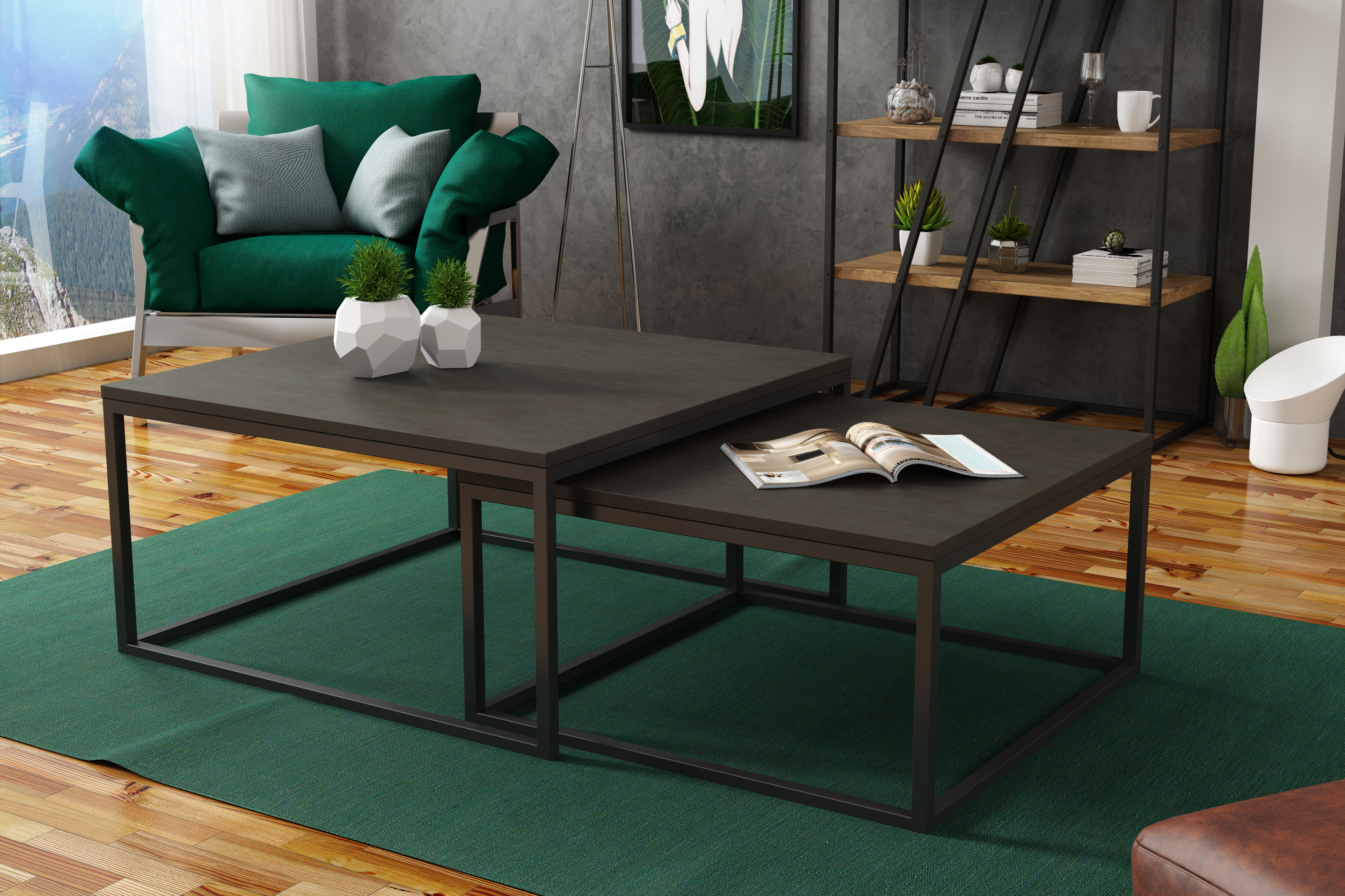 Czarny zestaw stolików loft w salonie nowoczesnym